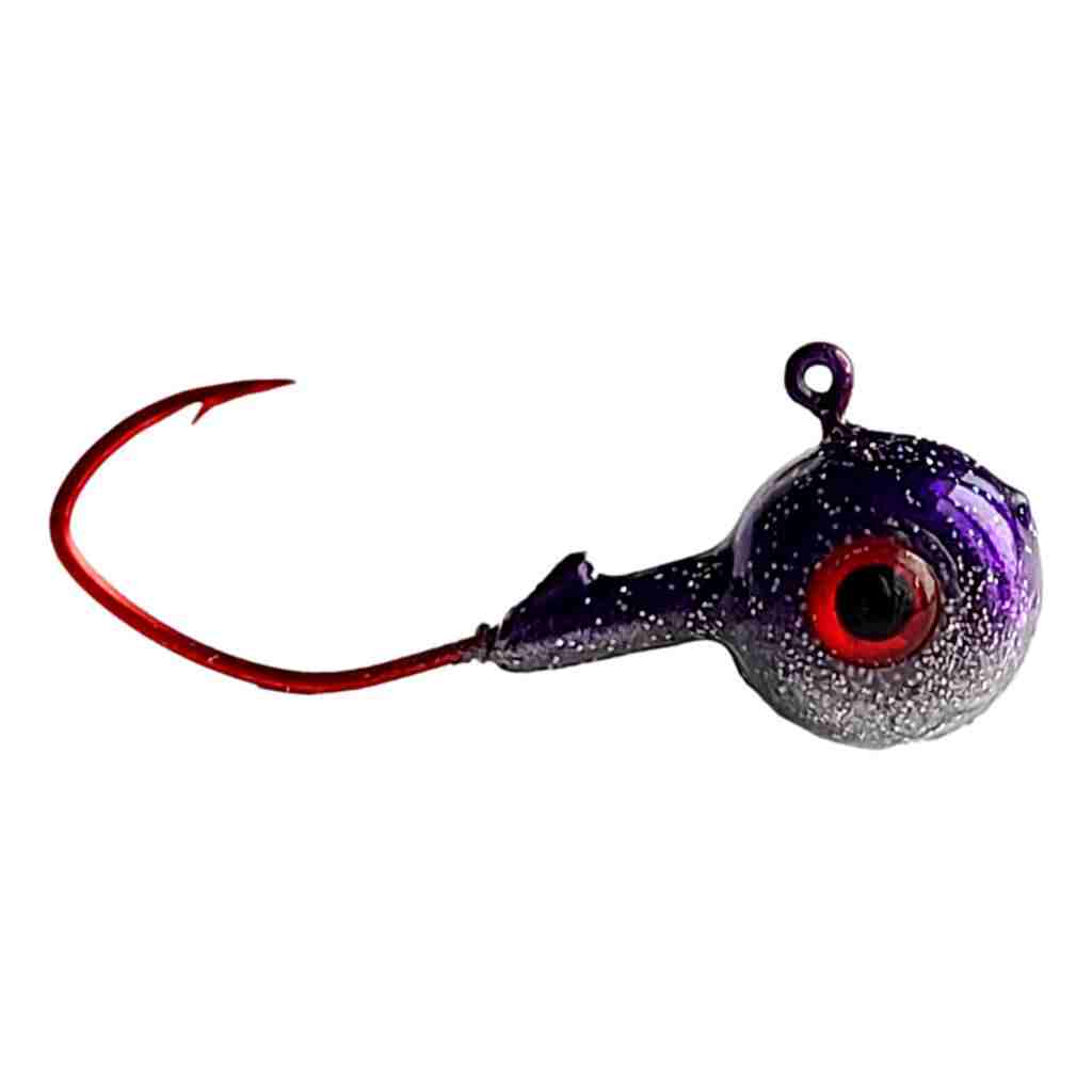 Bago Lures Trophy Chaser Minnow Eye Pill Head Jig in Purple Chrome Sparkle finish.