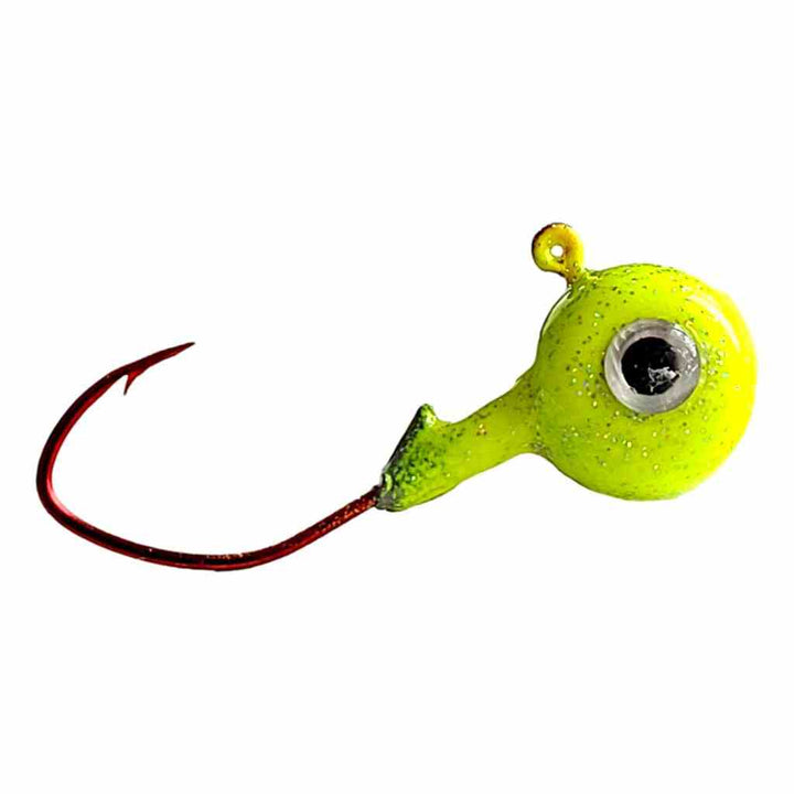 Bago Lures Trophy Chaser Minnow Eye Pill Head Jig in UV Chartreuse finish.