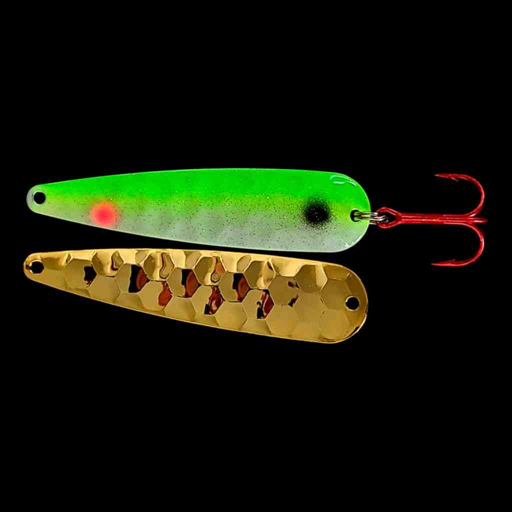 Yellowtail Trolling Flutter Spoon with gold back.