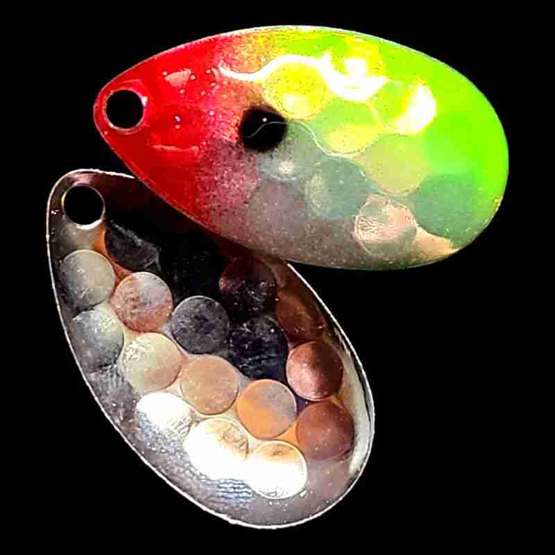Bago Lures Antifreeze Clown Indiana Spinner Blade with silver back.
