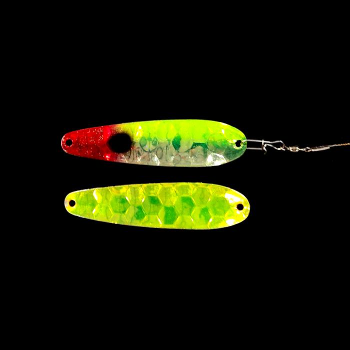 Antifreeze Clown Crawler Dancer Spoon Harness with antifreeze back.