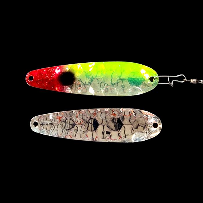 Antifreeze Clown Crawler Dancer Spoon Harness with silver back.