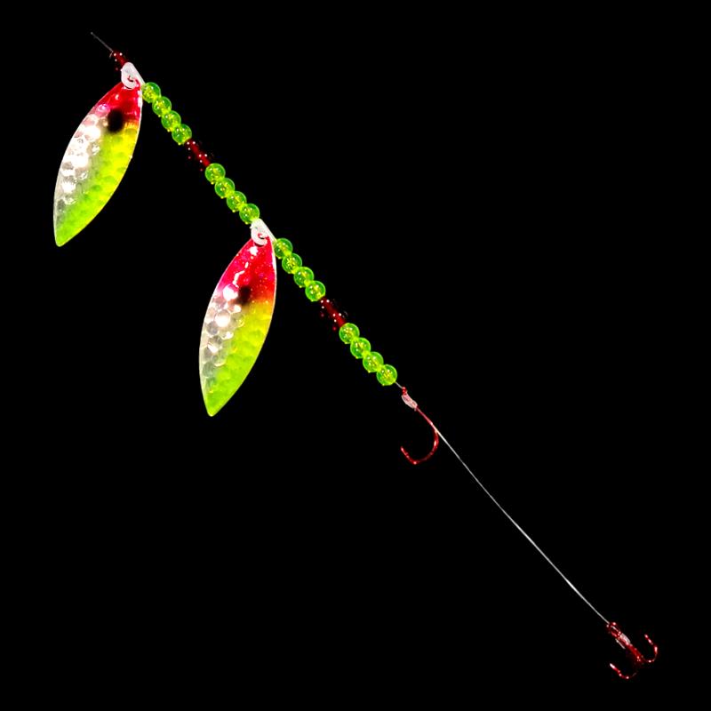 Bago Lures Antifreeze Clown Walleye Whisperer Tandem Willow Leaf Blade Crawler Harness with treble hook.