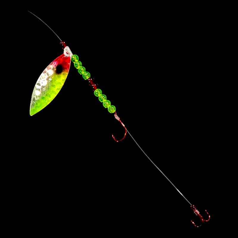 Bago Lures Antifreeze Clown Walleye Whisperer Willow Leaf Blade Crawler Harness with treble hook.