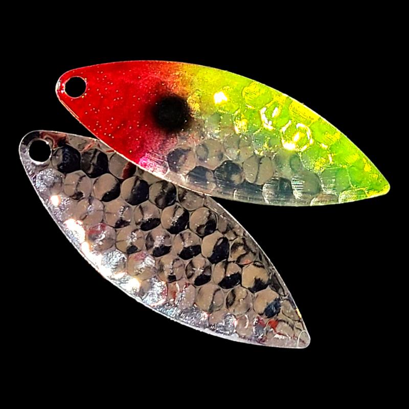 Bago Lures Antifreeze Clown Walleye Whisperer Willowleaf Spinner Blade with silver back.