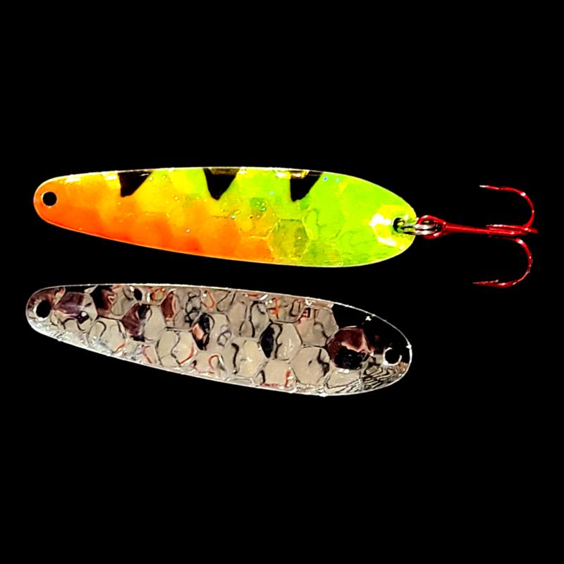 Bago Lures Antifreeze Dragon Walleye Whisperer Flutter Spoon with silver back.