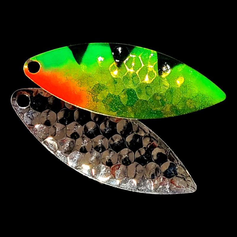Bago Lures Antifreeze Dragon Walleye Whisperer Willowleaf Spinner Blade with silver back.