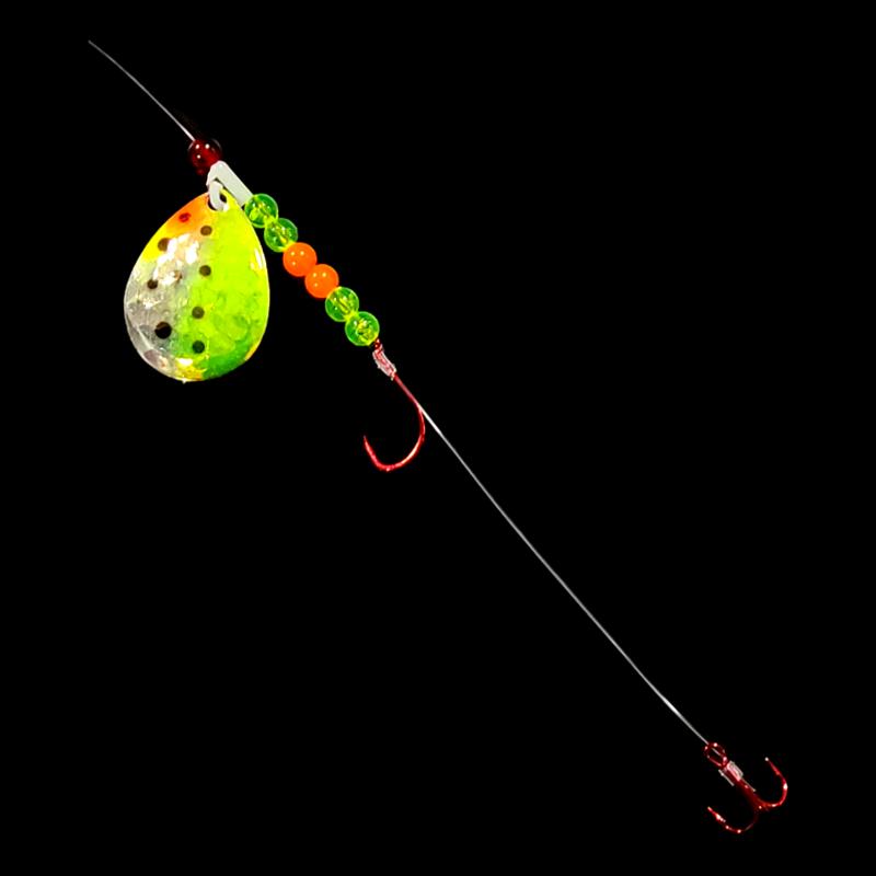 Bago Lures Antifreeze Huckleberry Walleye Whisperer Crawler Harness with treble hook.