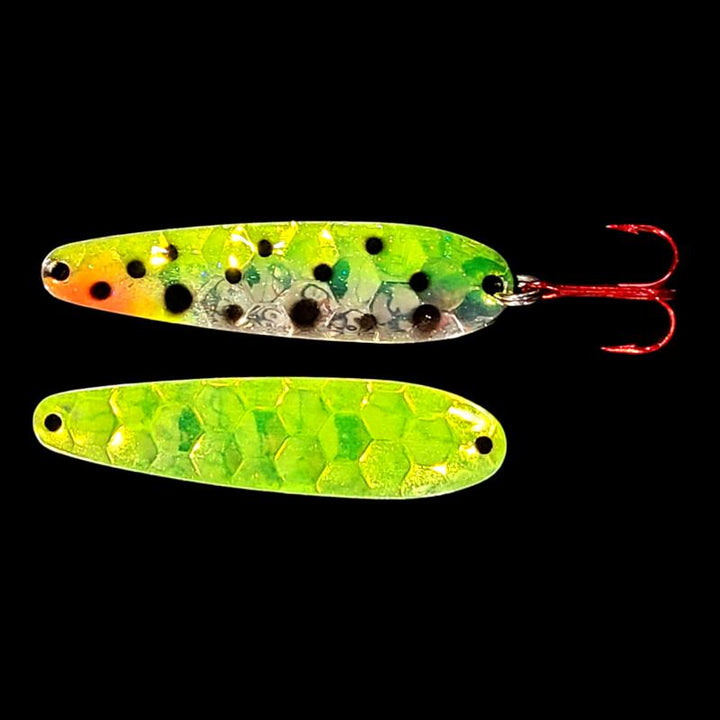 Bago Lures Antifreeze Huckleberry Walleye Whisperer Flutter Spoon with antifreeze back.