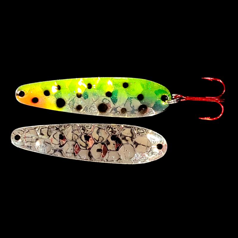 Bago Lures Antifreeze Huckleberry Walleye Whisperer Flutter Spoon with silver back.