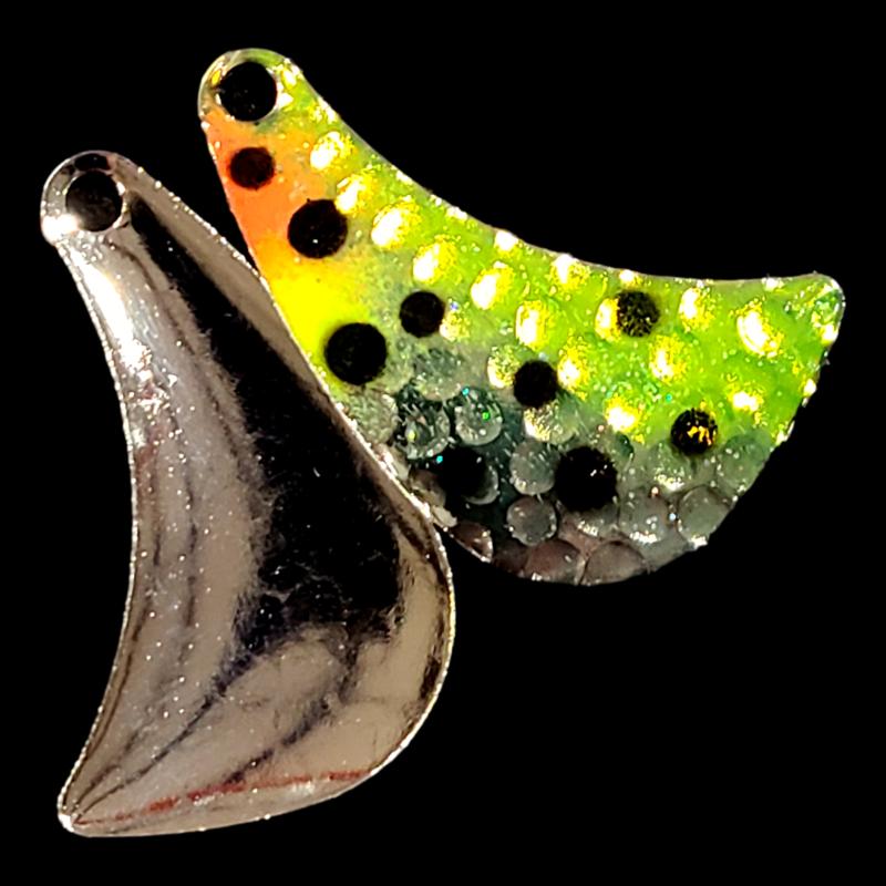 Bago Lures Antifreeze Huckleberry Hatchet Spinner Blade with nickel back.