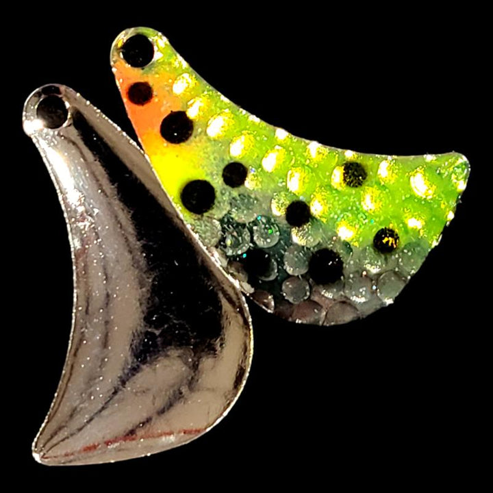 Bago Lures Antifreeze Huckleberry Hatchet Spinner Blade with nickel back.