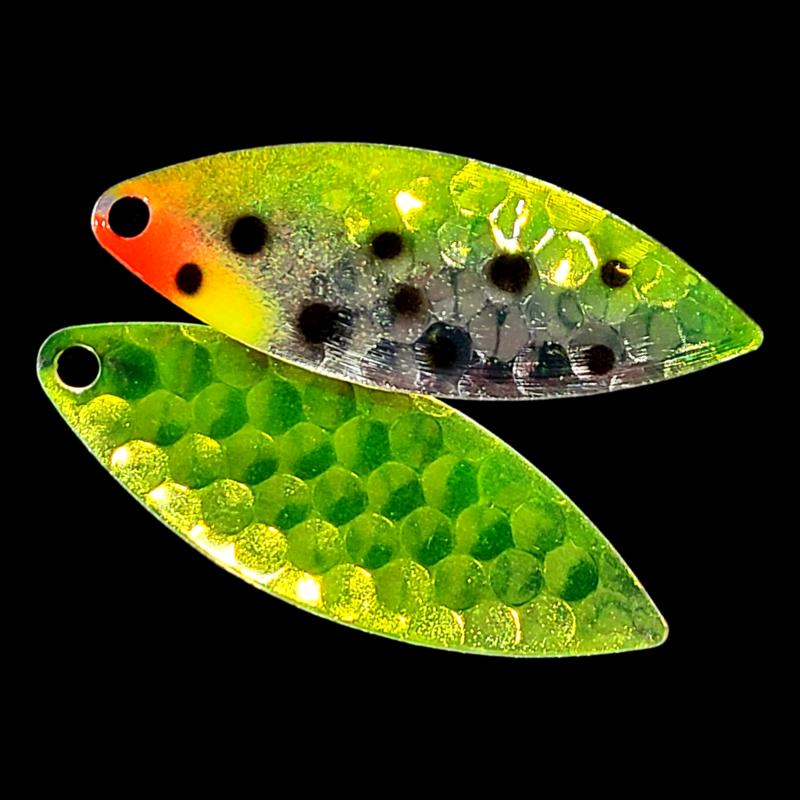 Bago Lures Antifreeze Huckleberry Walleye Whisperer Willowleaf Spinner Blade with antifreeze back.