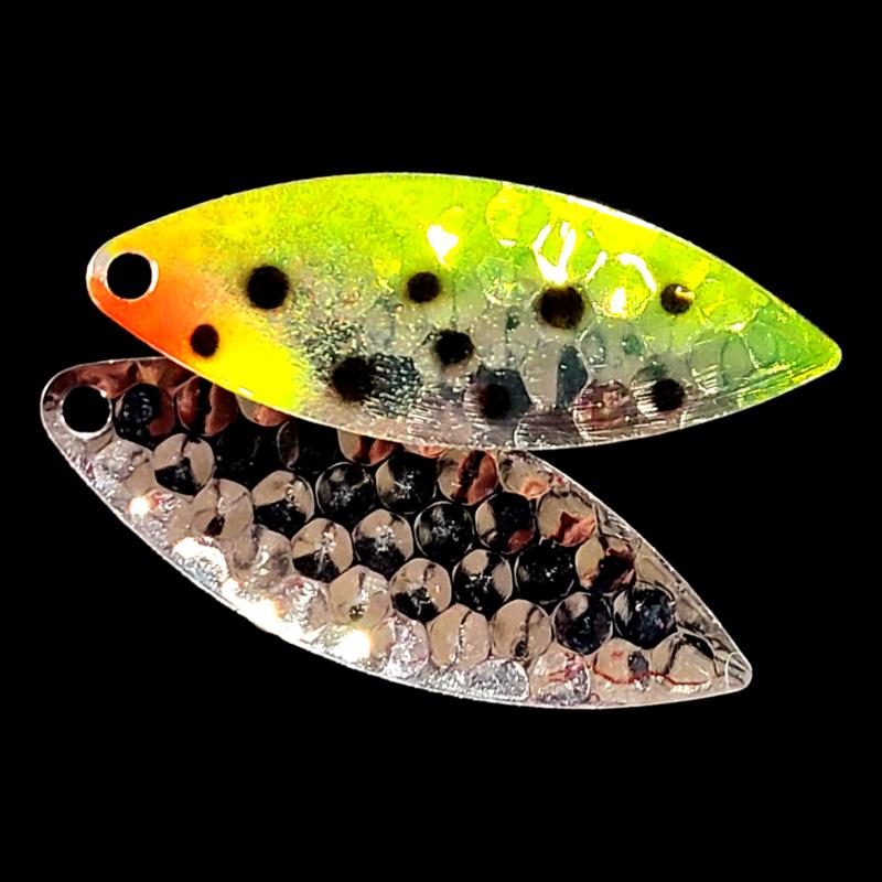 Bago Lures Antifreeze Huckleberry Walleye Whisperer Willowleaf Spinner Blade with silver back.