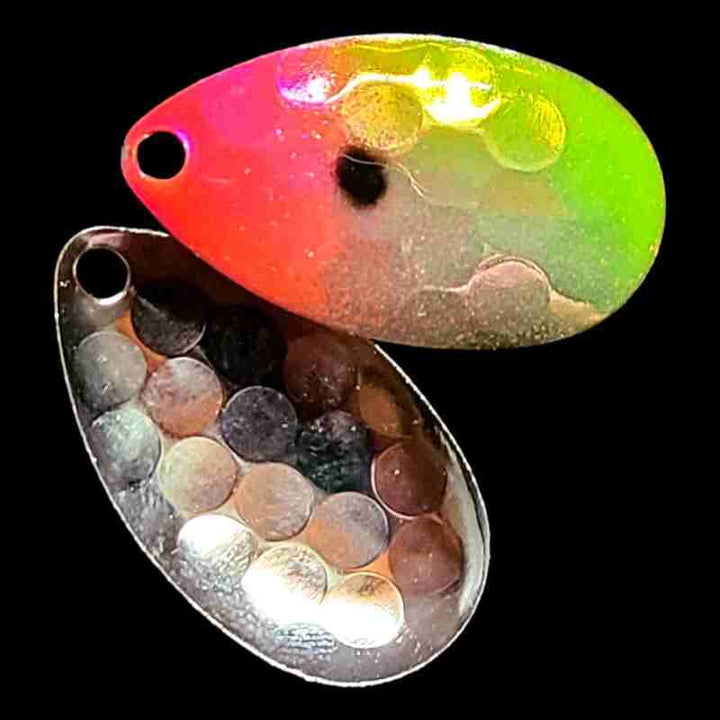 Bago Lures Antifreeze Lemonade Clown Indiana Spinner Blade with silver back.