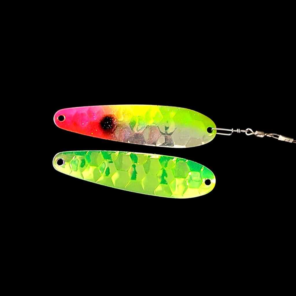 Bago Lures Antifreeze Lemonade Clown Spoon Harness with antifreeze back.