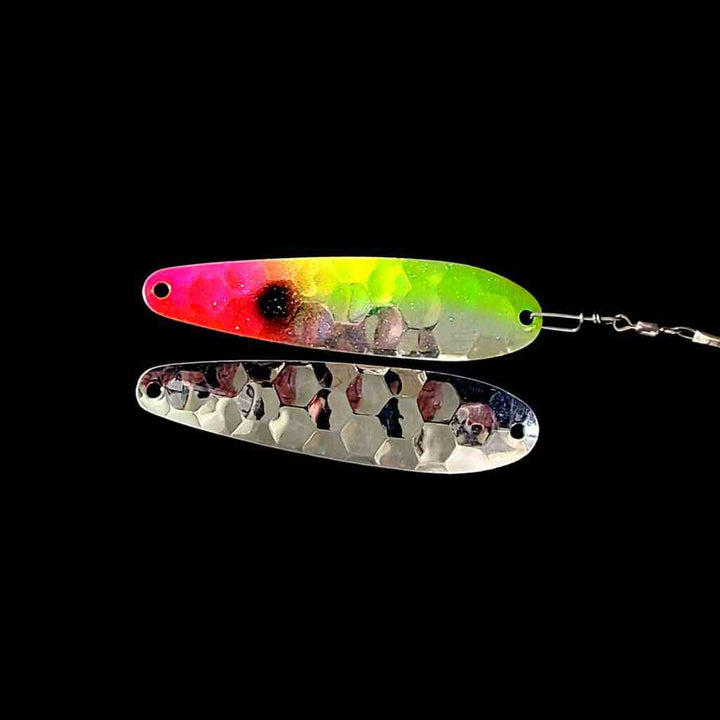 Bago Lures Antifreeze Lemonade Clown Spoon Harness with silver back.