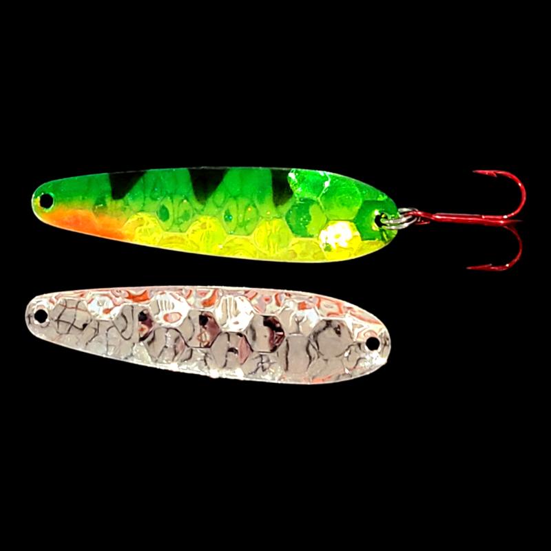 Bago Lures Antifreeze Perch Walleye Whisperer Flutter Spoon with silver back.
