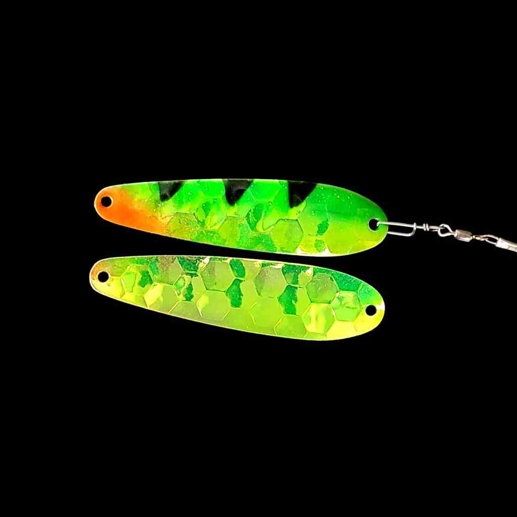 Bago Lures Antifreeze Perch Spoon Harness with antifreeze back.