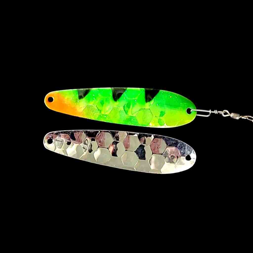 Bago Lures Antifreeze Perch Spoon Harness with silver back.