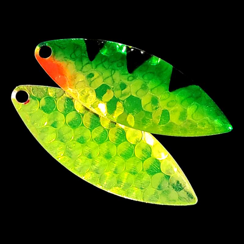 Bago Lures Antifreeze Perch Walleye Whisperer Willow Leaf Spinner Blade with antifreeze back.
