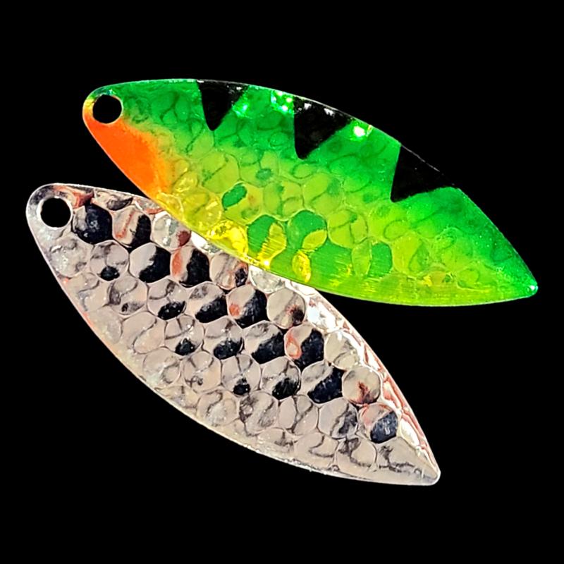 Bago Lures Antifreeze Perch Walleye Whisperer Willow Leaf Spinner Blade with silver back.