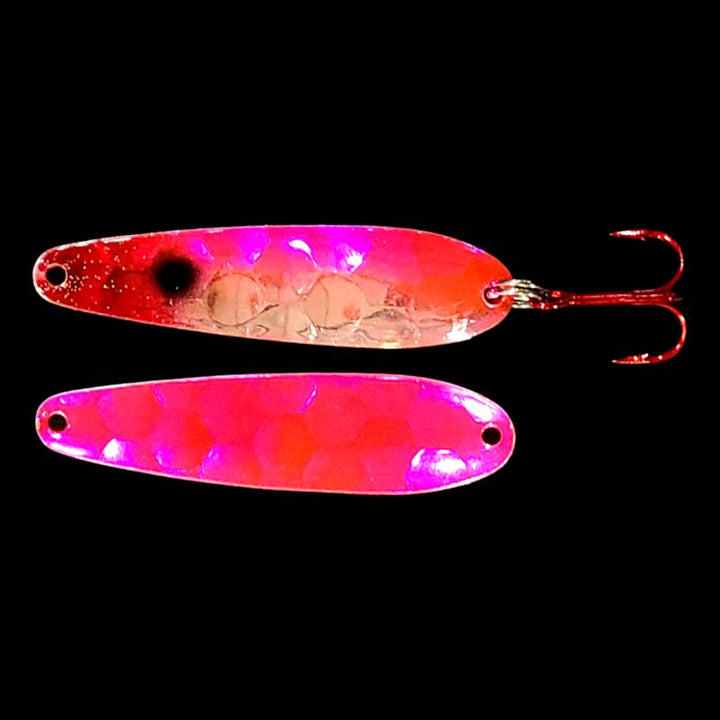Bago Lures Antifreeze Pink Clown Walleye Whisperer Flutter Spoon with antifreeze pink back.