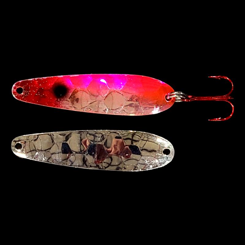 Bago Lures Antifreeze Pink Clown Walleye Whisperer Flutter Spoon with silver back.