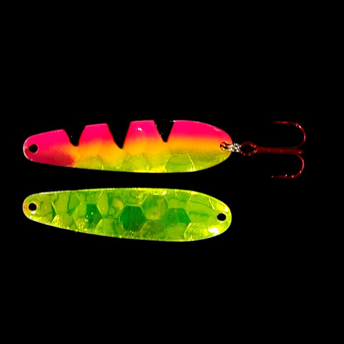 Pink Antifreeze Dragon Walleye Whisperer Flutter Spoon with antifreeze back.