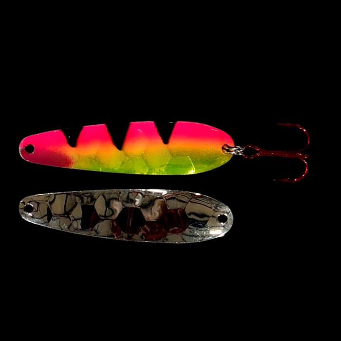 Pink Antifreeze Dragon Walleye Whisperer Flutter Spoon with silver back.