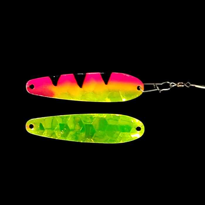 Pink Antifreeze Dragon Crawler Dancer Spoon Harness with antifreeze back.