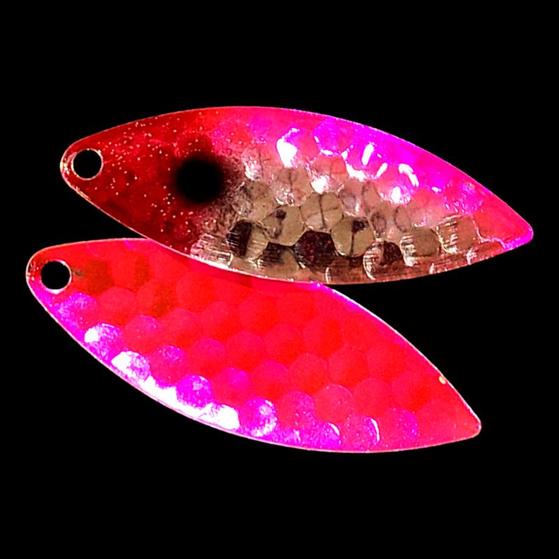 Bago Lures Antifreeze Pink Walleye Whisperer Willowleaf Spinner Blade with antifreeze pink back.