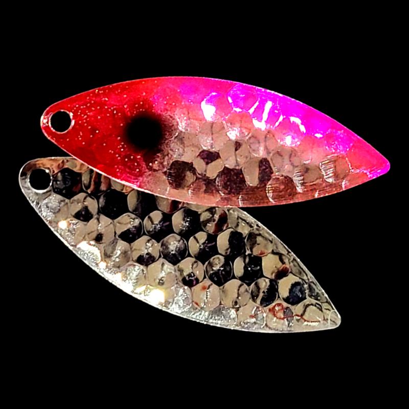 Bago Lures Antifreeze Pink Walleye Whisperer Willowleaf Spinner Blade with silver back.