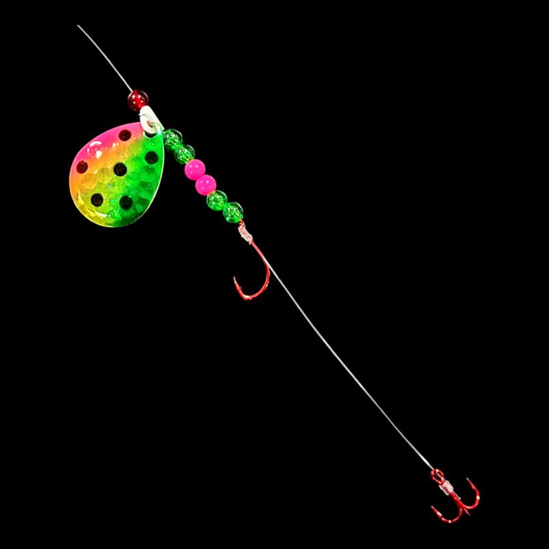 Bago Lures Antifreeze Watermelon Walleye Whisperer Crawler Harness with treble hook.