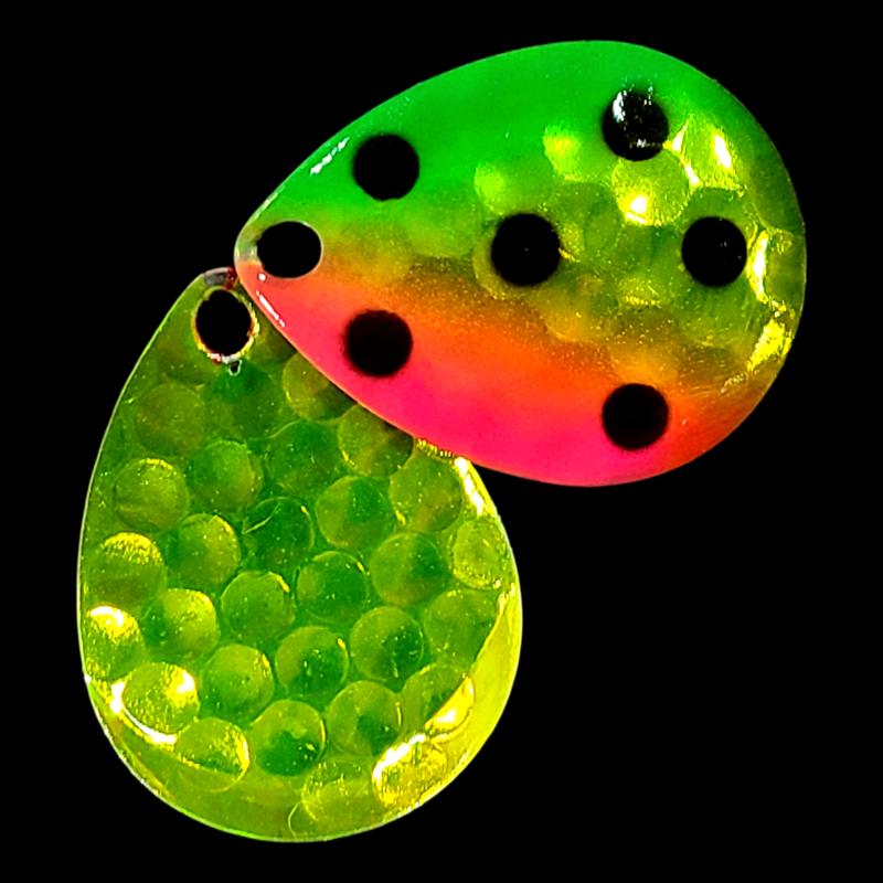 Bago Lures Antifreeze Watermelon Walleye Whisperer Deep Cup Colorado Blade with antifreeze back.