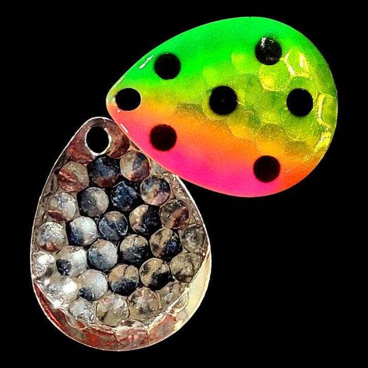 Bago Lures Antifreeze Watermelon Walleye Whisperer Deep Cup Colorado Blade with silver back.