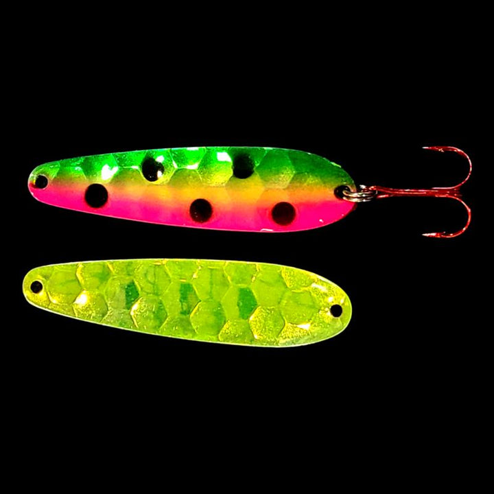Bago Lures Antifreeze Watermelon Walleye Whisperer Flutter Spoon with antifreeze back.