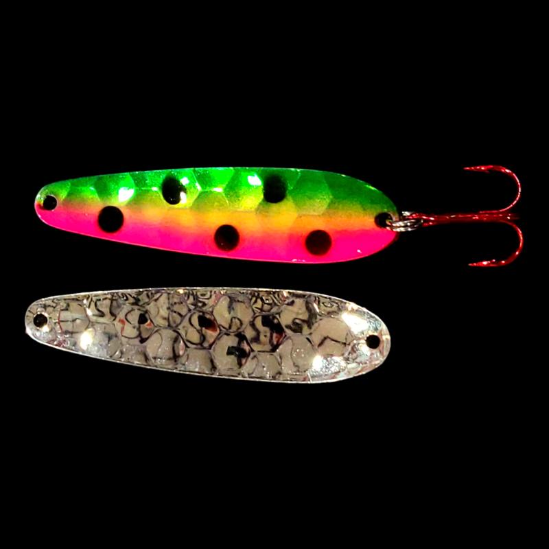 Bago Lures Antifreeze Watermelon Walleye Whisperer Flutter Spoon with silver back.