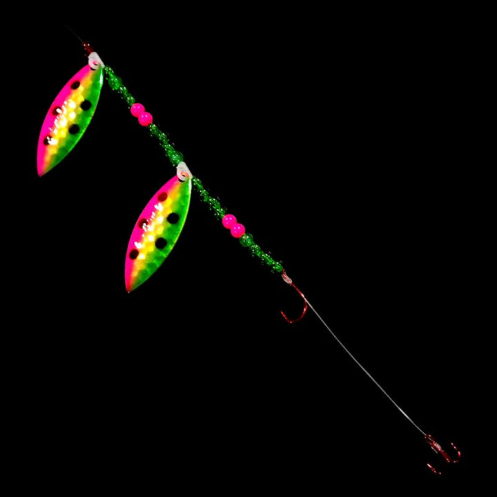 Bago Lures Antifreeze Watermelon Walleye Whisperer Tandem Willow Leaf Crawler Harness with treble hook.