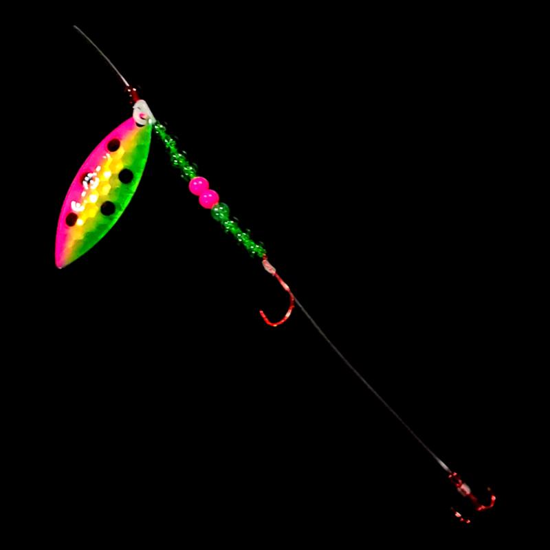 Bago Lures Antifreeze Watermelon Walleye Whisperer Willow Leaf Blade Crawler Harness with treble hook.