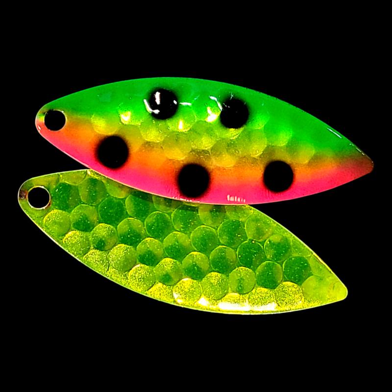 Bago Lures Antifreeze Watermelon Walleye Whisperer Willowleaf Blade with antifreeze back.
