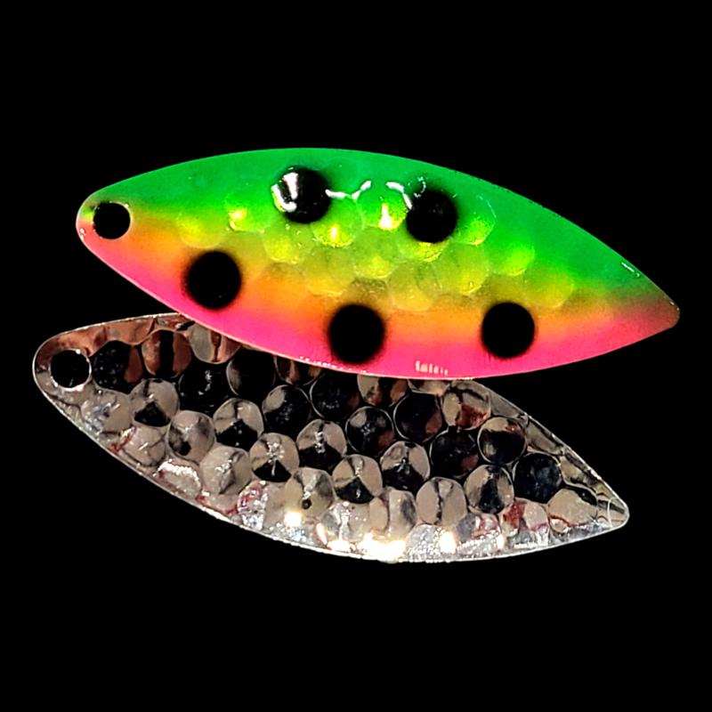 Bago Lures Antifreeze Watermelon Walleye Whisperer Willowleaf Blade with silver back.