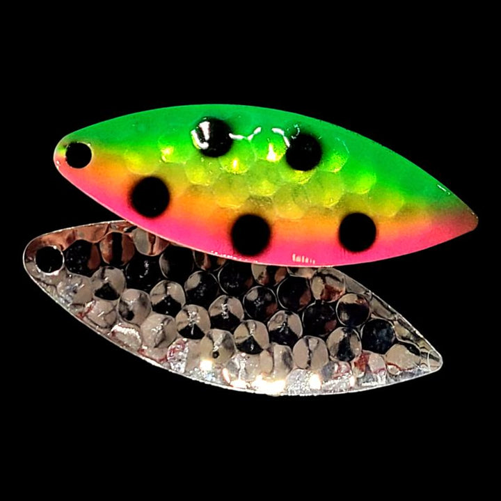 Bago Lures Antifreeze Watermelon Walleye Whisperer Willowleaf Blade with silver back.