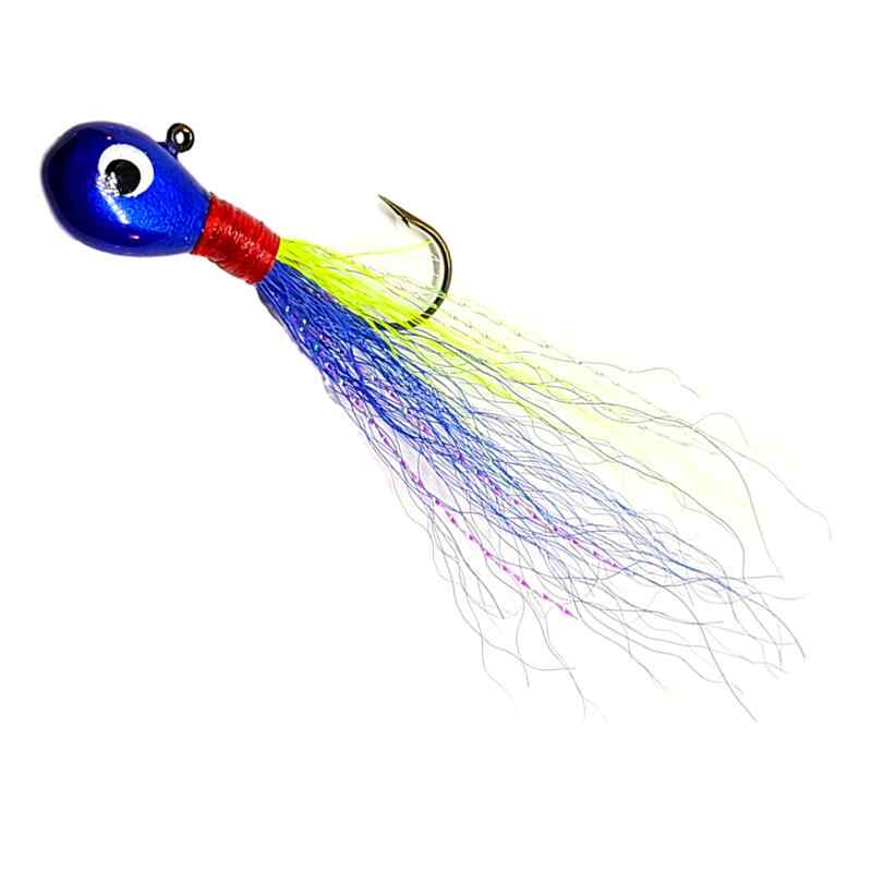 Bago Lures Blue Chartreuse Flat Head Bucktail Jig.