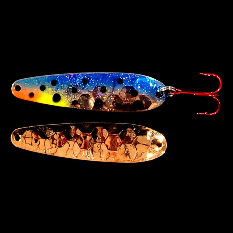 Bago Lures Blue Huckleberry Walleye Whisperer Flutter Spoon with copper back.