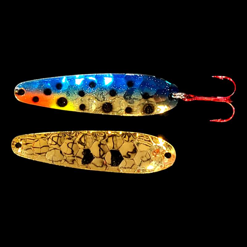 Bago Lures Blue Huckleberry Walleye Whisperer Flutter Spoon with gold back.