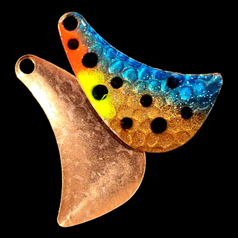 Bago Lures Blue Huckleberry Walleye Whisperer Hatchet Spinner Blade with copper back.