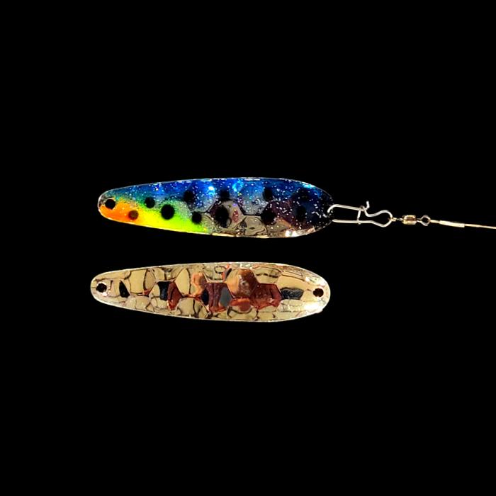 Blue Huckleberry Crawler Dancer Spoon Harness with silver back.