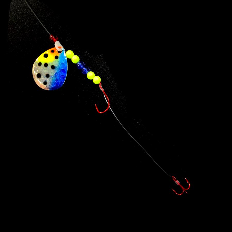 Bago Lures Blue Huckleberry Walleye Whisperer Crawler Harness with treble hook.