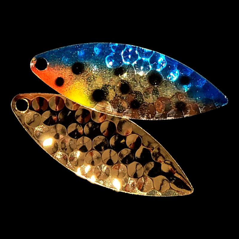 Bago Lures Blue Huckleberry Walleye Whisperer Willowleaf Spinner Blade with copper back.